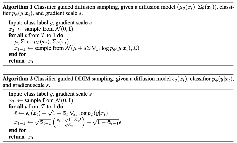 Conditional generation with DDPM and DDIM<sup id="fnref:4"><a href="#fn:4" rel="footnote"><span class="hint--top hint--error hint--medium hint--rounded hint--bounce" aria-label="Dhariwal, Prafulla, and Alex Nichol. [Diffusion Models Beat GANs on Image Synthesis](https://arxiv.org/abs/2105.05233). arXiv:2105.05233, arXiv, 1 June 2021">[4]</span></a></sup>